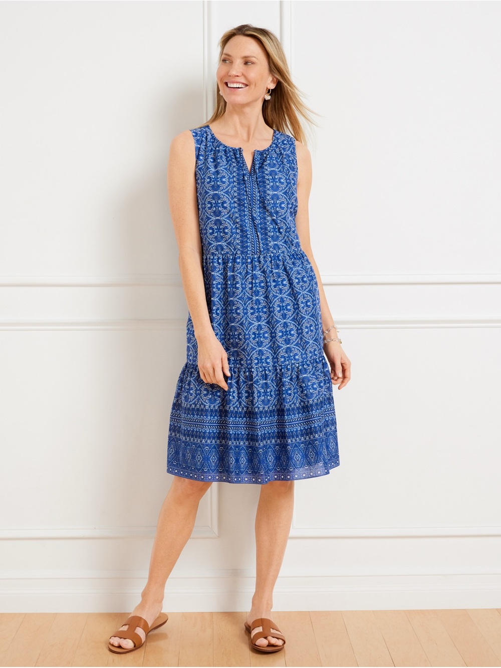 Talbots Viole Swing Blue 100% Cotton Medallion Print Midi Dress Size XL